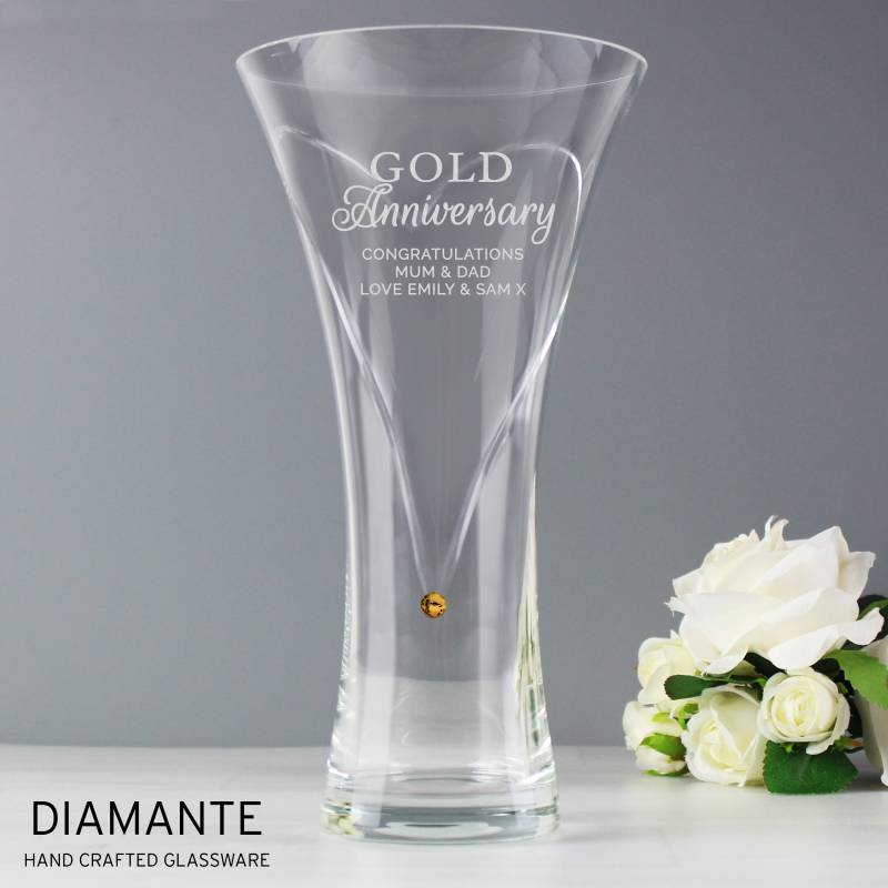 Personalised Gold Anniversary Large Hand Cut Diamante Heart Vase with Swarovski Elements