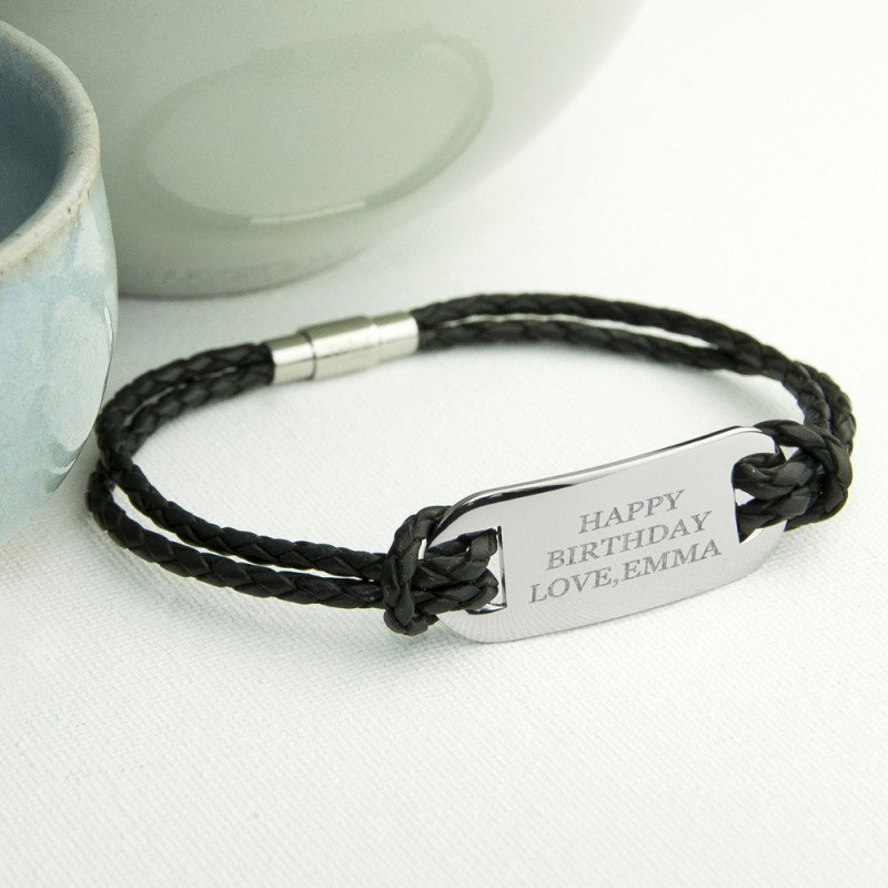 Personalised Men's Statement Leather Bracelet in Black